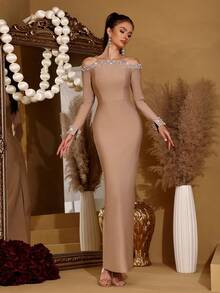 Đầm ôm sát màu đen dài tay hở vai gợi cảm mới, được làm thủ công, đính cườm và đá quý, thích hợp làm đầm phù dâu thanh lịch, đầm dự tiệc sinh nhật, dạ hội, lễ hội, đầm dạ tiệc trang trọng cho phụ nữ, đầm cưới, đầm mùa xuân. - Màu be - Xem 5