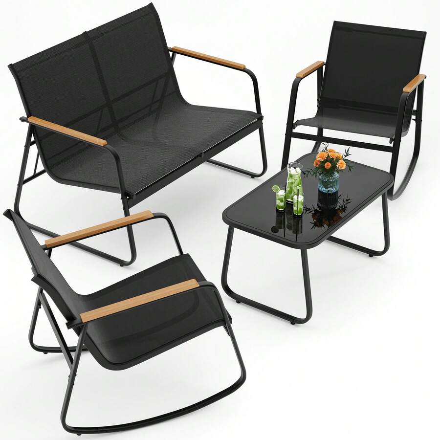 Lofka 4-Piece Outdoor Patio Furniture Set, All Weather-Resistant Textile Fabric Outdoor Conversation Set With Coffee Table, Patio Rocking Chairs For Lawn, Balcony, Poolside,Outdoor Furniture - 黑色 - 查看 1