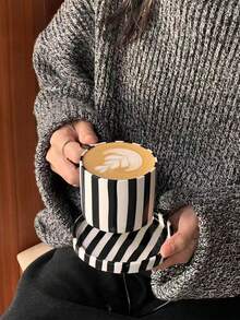 1 كوب قهوة سيراميك، طبق، طراز إنس الفرنسي الفينتاج الشمالي البسيط، أسود وأبيض مخطط، صالح للمقهى والمطبخ والمنزل وشاي بعد الظهر والتصوير الفوتوغرافي وهدايا عيد الميلاد - متعدد الألوان - مشاهدة 6