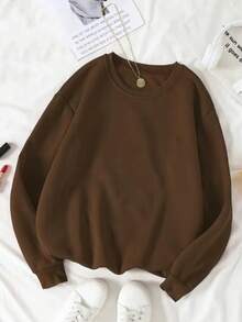 Moletom Gola Redonda Modelo Careca Unissex Casual Moda Inverno Blusa de Frio Lisa Feminino Masculino Casaco - Marrom - Visão 1