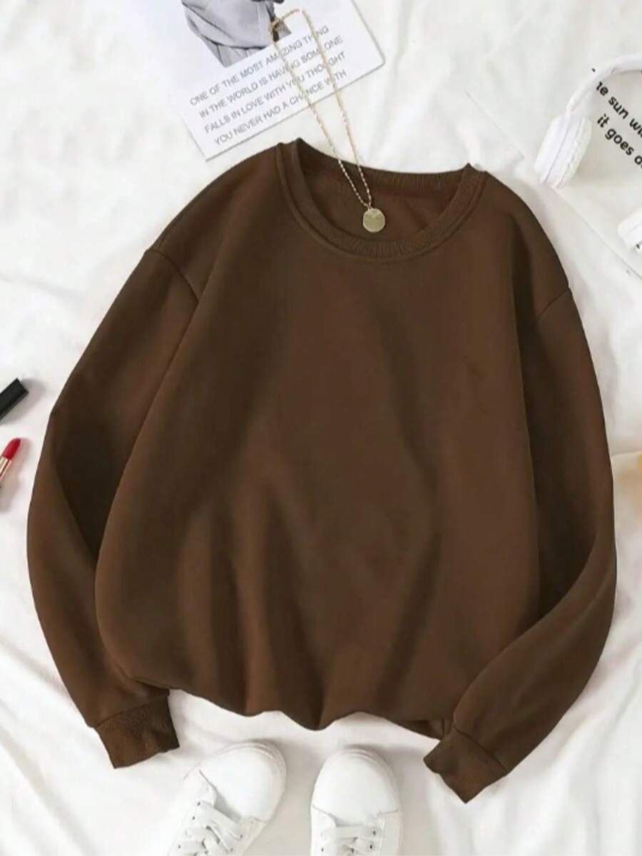 Moletom Gola Redonda Modelo Careca Unissex Casual Moda Inverno Blusa de Frio Lisa Feminino Masculino Casaco - Marrom - Visão 1