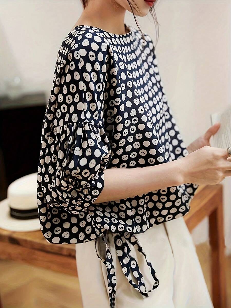 Luźny krój, damska koszulka z okrągłym dekoltem i ściągaczem w pasie, z nadrukiem kwiatowym - luźny krój, poliester, kwiatowy wzór, idealna na wiosnę i lato, do noszenia na zewnątrz|Koszula|Koszula z nadrukiem, koszula damska