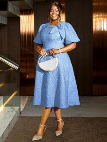 Đầm tốt nghiệp dáng chữ A tay phồng họa tiết hoa hồng jacquard cỡ lớn dành cho nữ, thích hợp cho đi làm, dự tiệc cocktail thanh lịch, khiêu vũ bán trang trọng, sinh nhật, dự đám cưới, lễ tốt nghiệp, dạ hội, lễ hội trường và các dịp khác, đặc biệt cho ngày Valentine mùa xuân. - Màu xanh nhạt - Xem 4