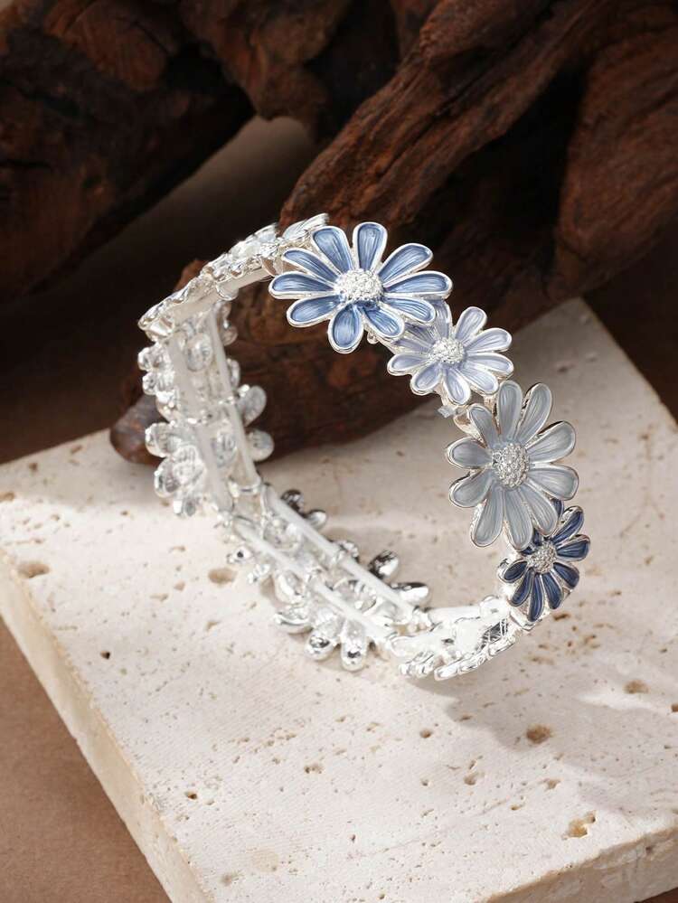 1pc Fashionable Luxury Heavy-Duty Geometric Flower Decor Zinc Alloy Bracelet In Chocolate & Pink Colors, Suitable For Banquet, Party, Festival Gift - Khaki - View 11