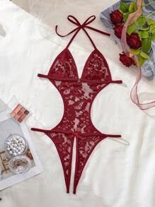 Women's Burgundy V-Neck,Lace Splicing,Backless And Sheer Mesh,Bow Decoration,Lace Up,Teddy Sexy Bodysuit ﻿