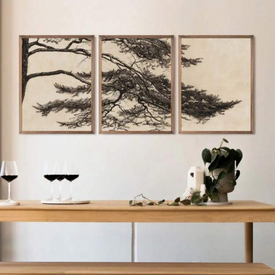 1pc Gift Vintage Pine Tree Branch Drawing Posters And Prints Canvas Painting Wall Arts Picture For Living Room Home Decoration Optional Frame - Multicolor - View 1