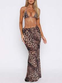 Women Summer Sheer Long Skirt Swimsuit Bikini Cover Ups Casual Floral/Leopard/Zebra Print Mesh Sheer See Through Tie Up Bodycon Maxi Skirt For Beachwear Vacation Party Clubwear - 棕色 - 查看 5