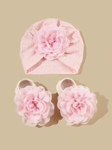 2 Stücke/Packung 0-6 Monate Baby Blumen Mütze & Socken Set, super weiche Baby Beanie Mütze und Socken Kombination, Neugeborenen Geschenk, ganzjährig - Verschiedenfarbig - Übersicht 9