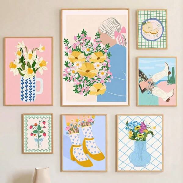 1 Stück Retro Blumen Obst Vase Galerie Bunter Funky Poster Einfache Wandkunst Leinwandmalerei Wohnzimmer Geschenke Dekoration mit optionalem Rahmen