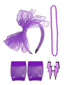 D EXCEED 4/5 pièces Ensemble d'accessoires rétro néon des années 80 pour femmes, collier de perles à tenue rétro, serre-tête à nœud en dentelle, gants résille, lunettes de soleil à stores vénitiens, boucles d'oreilles éclair, essentiels pour fête rétro Halloween