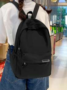 Mochila grande de estilo colegial casual e minimalista com vários bolsos e logotipo em letra, adequada para compras, transporte, passeios, viagens e escola