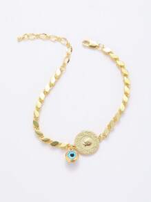 Golden Chain With Coin Decoration & Blue Crystal Charm Beaded Wristband Bracelet Unisex