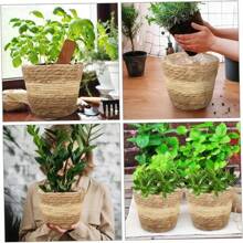 1 pieza/Set de 3 macetas de flor tejidas a mano de paja, estilo pastoral japonés redondo con forro de plástico, maceta, decoración de cazuela rural, adecuada para decoración de habitación, varias fiestas festivas