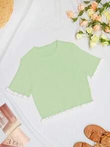 Women's Elegant Holiday/Graduation Knit Top, Casual Short Sleeve Cream Yellow Ruffle Hem Knit Pullover Sweater, Summer - Mint Green - View 3