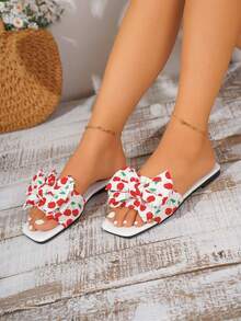 女士可爱樱桃蝴蝶结装饰平底凉鞋，轻便透气休闲沙滩拖鞋，春夏穿搭 - 白色 - 查看 4