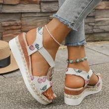 Sandales à plateforme graffiti colorées - Sandales compensées à boucle large et élastique en canevas pour femmes - Détails tressés, convient pour les sorties à la plage