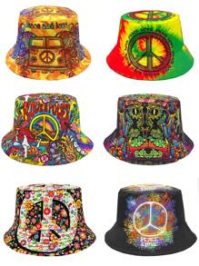 Casual Summer "Peace Love" Print Vacation Bucket Hat, Unisex Boho Style Reversible Sun Protection Bucket Hat