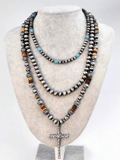 Collar con colgante de cruz con textura de turquesa vintage, collar con cuentas de estilo bohemio y occidental country, accesorios de joyería de moda para mujeres y hombres