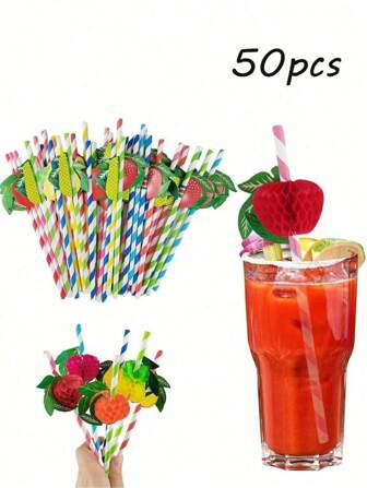 Fruit Pattern Paper Drinking Straws, Tropical Party Set, Hawaii Straws And 3D Fruit Umbrellas, Paper Watermelon And Pineapple Cocktail Decorations, Summer Party Accessories With Holiday 3D Honeycomb Stand, Suitable For Birthday Party Decorations, Beverage Accessories, School Supplies, Christmas Gifts