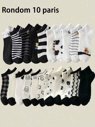 10 pares de calcetines casuales/deportivos de tobillo para mujer con patrones minimalistas blancos y negros aleatorios, aptos para uso diario