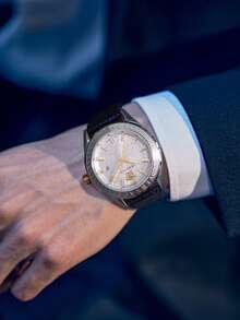 男士银色不锈钢表壳腕表，真皮表带，石英机芯，自动日期显示表盘，休闲商务礼品腕表，VE6A00123 - 藍色 - 查看 4