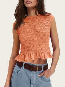Women Y2K Smocked Shirt Top Summer Cap Sleeve Slim Fit Ruffle Hem Shirred T Shirts Ruched Frill Crop Tank Tops Summer Going Out Tops Tees Streetwear - 橘色 - 查看 1