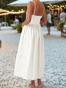 女士纯色双层衬里连衣裙，带侧口袋，休闲通勤性感夏季沙滩裙，优雅白色 - 白色 - 查看 3