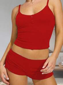 Women Pajama Set Solid Scoop Neck Crop Cami Top Low Rise Mini Shorts 2 Piece Sleepwear Outfit - Red - View 3