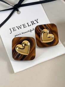 2pcs Vintage Amber-Color Resin Alloy Ear Studs, Suitable For Women's Daily Wear Jewelry, Christmas Gift, Holiday Gift, Singles Party Gift