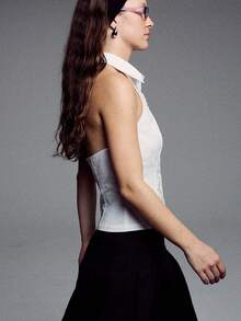 Women Button Down Halter Shirt Y2k Ruffle Collared Halter Top Backless Lapel Collared Sleeveless Button Up Shirt - 白色 - 查看 3