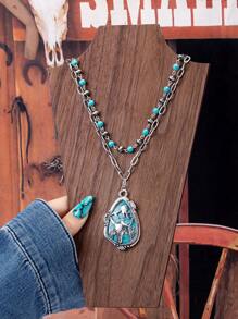 2 Pcs Western Style Blue Turquoise Stone Cowboy Boots Pendant Necklaces Set , Retro Vintage Faux Pearl Beaded Necklace , Women Western Layered Necklaces Jewelry Suitable For Cowgirl Outfit