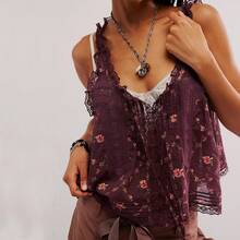 Women Summer Beach Vacation Boho Tie Front Tank Top Lace Y2k Button Down Cardigan Crop Tops Sleeveless Ruffled Lace Trim Scoop Neck Cami Shirt Cute Going Out Tops - 紫羅蘭色 - 查看 1