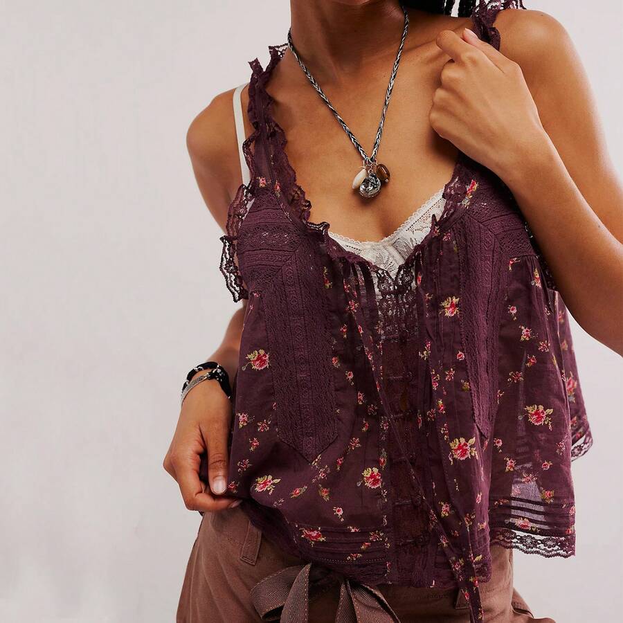 Women Summer Beach Vacation Boho Tie Front Tank Top Lace Y2k Button Down Cardigan Crop Tops Sleeveless Ruffled Lace Trim Scoop Neck Cami Shirt Cute Going Out Tops - 紫羅蘭色 - 查看 1