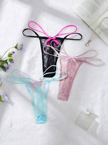 3 piezas Bragas tipo tanga sexy con encaje y lazo para mujeres