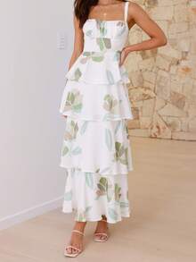 Women Long Dress Floral Print Sleeveless Cami Dress Summer Tie-Up Back Ruffles Dress - 綠色 - 查看 4