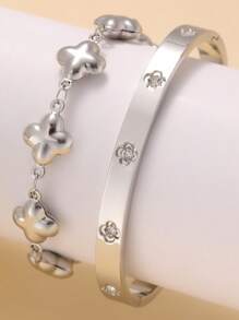 Vintage Fashion Floral Bracelet & Clover Bracelet Set, Minimalist Yet Chic Jewelry Suitable For Everyday Wear