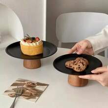 1pc Stainless Steel Cake Stand With Wooden Base, Multi-Functional Dessert Display Plate, Fruit Tray Suitable For Dining Table Decor, Home And Kitchen Use, Ramadan