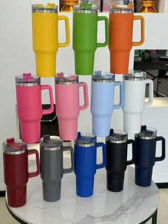 1 pieza Vaso aislado de acero inoxidable de 40 onzas con asa, botella de agua de acero inoxidable de doble pared al vacío con pajita, botella de hidratación de alta calidad y gran capacidad, práctica y portátil para viajes, café con hielo, apta para camping al aire libre, senderismo, conducción, viajes, opción de regalo perfecta