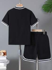 2件套大童休闲时尚洛杉矶图案印花短袖T恤和罗纹短裤套装，春夏