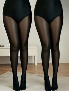 1双加大码女式亮面不透明连裤袜，纯色高腰亮面紧身连裤袜，舒适 - 黑色 - 查看 3