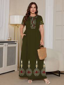 DEARCASE 大码女式印花口袋短袖休闲圆领连衣裙，优雅夏季款 - 軍綠色 - 查看 3