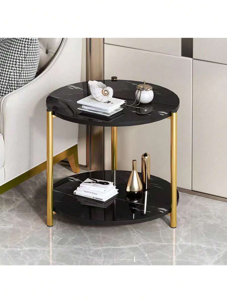 Mesa auxiliar redonda con diseño de mármol, mesa auxiliar moderna y sencilla junto al sofá, soporte de almacenamiento de 2 niveles - Negro - Ver 1