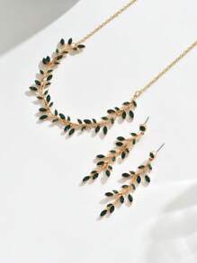 Conjunto de 3 peças de colar e brincos com pingente de lágrima incrustada de folha verde de verão