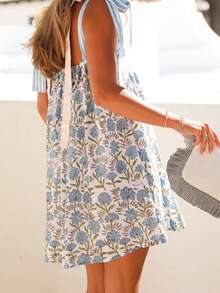 Women Floral Tie Shoulder Mini Dress Cute Square Neck Loose Fit Beach Short Dress Backless Boho Vocation Sundress - 藍色 - 查看 4