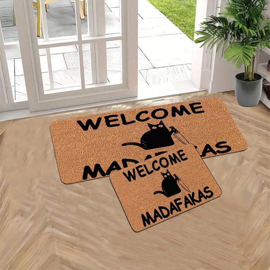 1pc Silicone Cat Pattern Doormat, Letter Print Household Entryway Decorative Carpet, Non-Slip, Wear-Resistant, Easy To Clean Long Carpet, Suitable For Living Room, Kitchen, Laundry Room, Patio, Bathroom Decor Carpet, Welcoming Mat - Multicolor - View 1