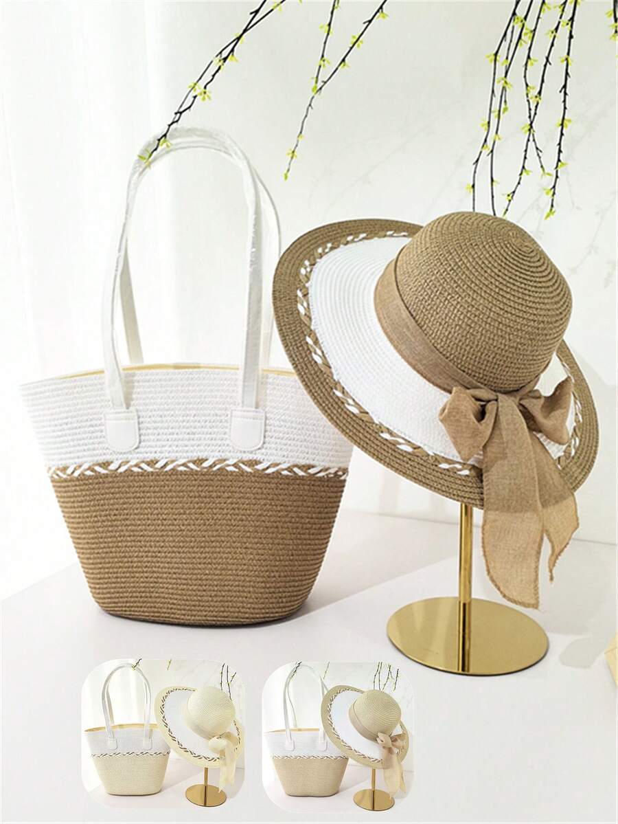 Nuovo set di cappello di paglia e borsa da donna con decorazione a fiocco, cappello di paglia estivo da spiaggia, borsa shopping, borsa per telefono, adatto per all'aperto, casual, viaggi, spiaggia - A - Visualizzare 1