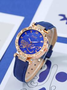 5Pcs/Set Ladies Watch Women Full-Rhinestone Eiffel Tower Dial Quartz Watch And Blue Gemstone Jewelry Gift Set Watch For Women Suitable For Daily Wear, Back-To-School Season, Graduation Season, Thanksgiving, Couples, The Best Gifts Watch Box Not Included