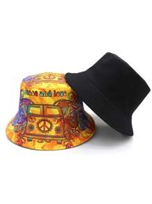 Casual Summer "Peace Love" Print Vacation Bucket Hat, Unisex Boho Style Reversible Sun Protection Bucket Hat
