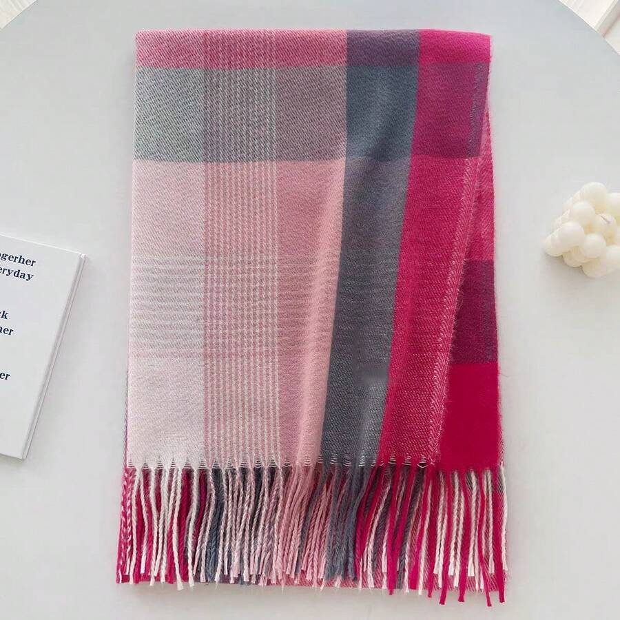 New Classic Checkered Checkered Pashmina Scarf Women's Shawl Scarf With Fringes 250g Thick Gift - 粉色 - 查看 1