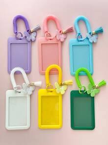 1pc Macaron Color Butterfly Tassel Retractable Spring Card Holder, ID Card Case, Durable Anti-Drop, Badge Clip With Keychain, ID & Credit Card Protector, Suitable For Students, Office And Daily Use, Fashion Accessory